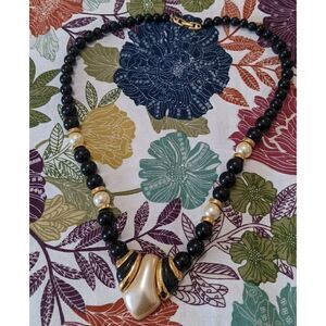 Napier Black‎ & White Beaded Gold Tone Necklace Signed Vintage 24''